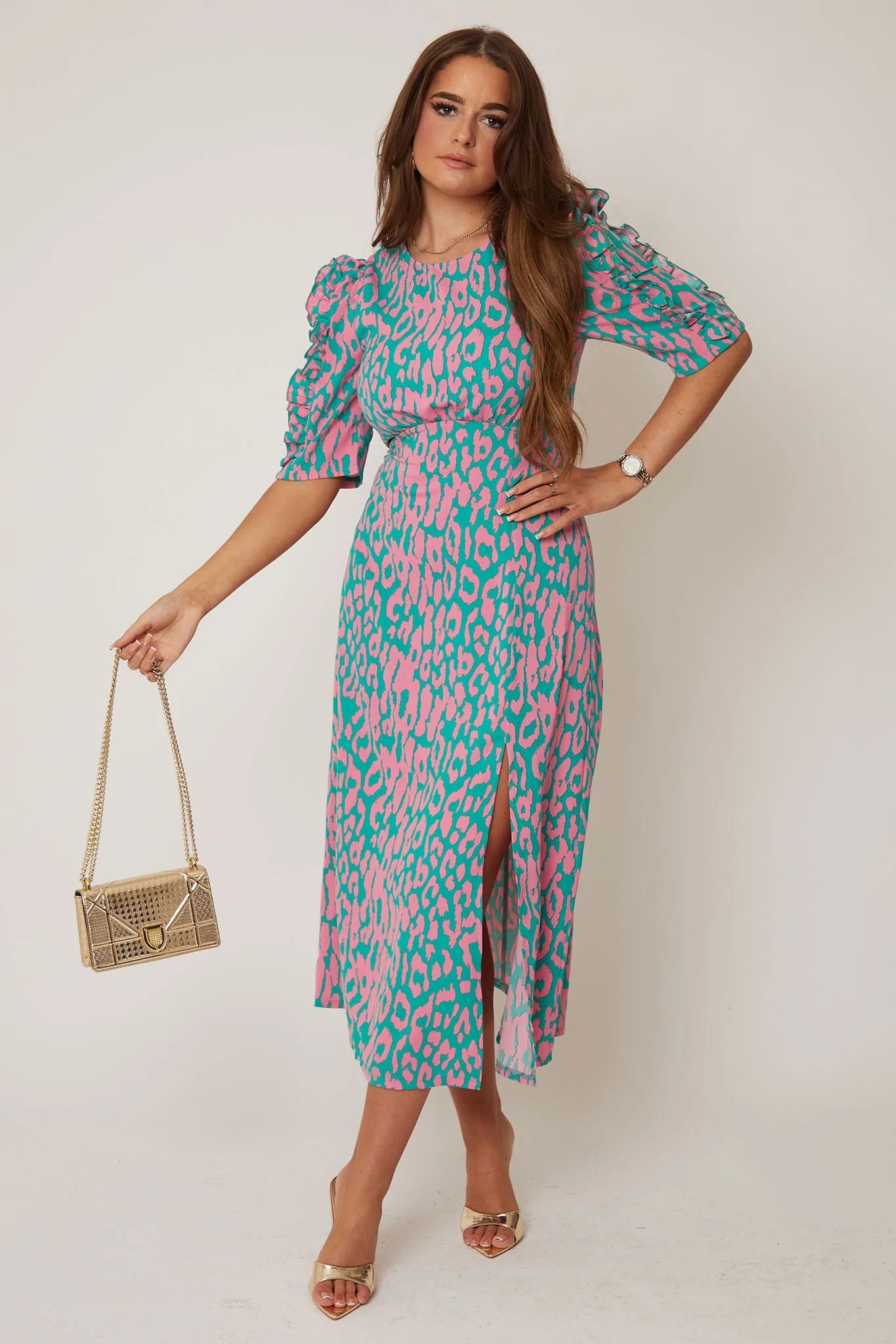 Emilie Pink and Turquoise Print Frill Sleeve Midi Dress